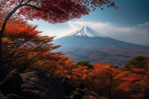 Schöne Landschaft des Fuji-Bergs um den Ahornblattbaum im Herbst