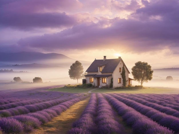 Schöne Landschaft einer friedlichen Landschaft mit einem Haus und Feldern