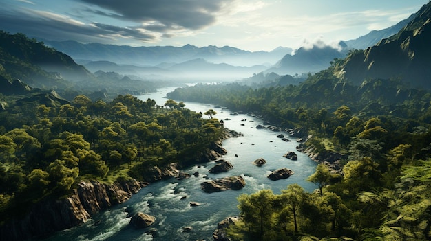 Schöne Landschaft eines Dschungel-Regenwaldes mit Fluss und Nebel über Bäumen