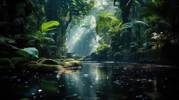 Foto schöne landschaft eines grünen tropenwaldes mit einem fluss in der mitte