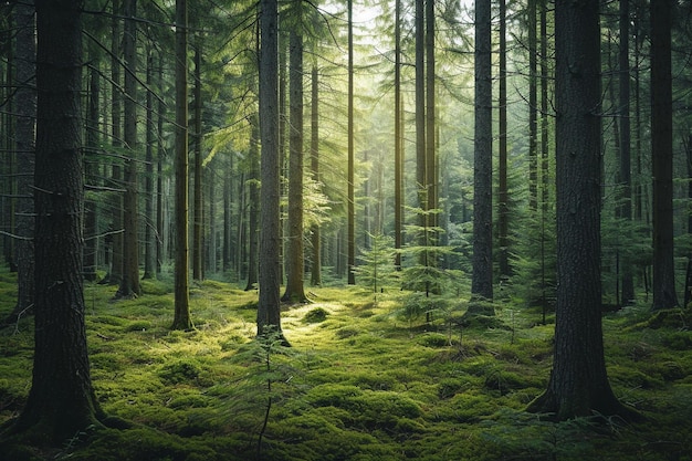 Schöne Landschaft eines Waldes voller hoher Bäume und anderer Pflanzenarten