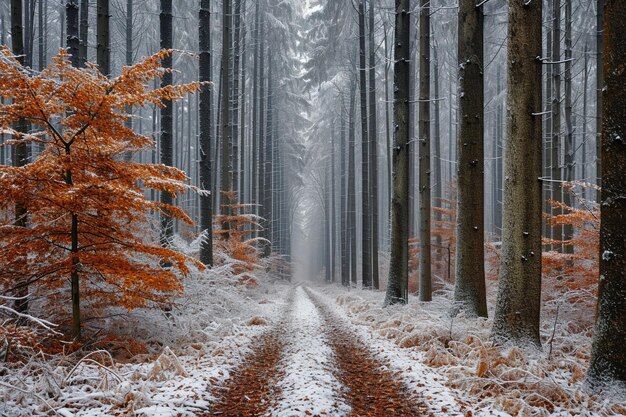 Schöne Landschaft eines Weges in einem Wald mit mit Frost bedeckten Bäumen