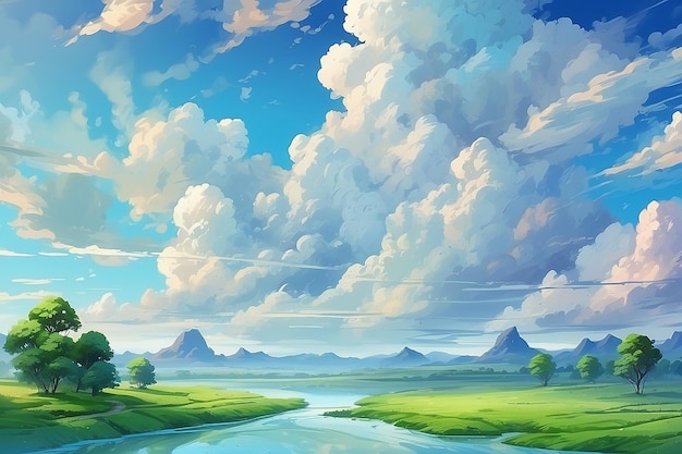 Schöne Landschaft Hintergrund blau Himmel Wolken Ölmalerei Ansicht Tapete Landschaft Lichtfarben Grün Blau Anime-Stil Magie und bunte