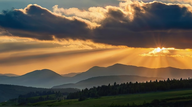 Schöne Landschaft mit Bergen Fluss Wasserfall Baum Sonnenuntergang Generative Ai