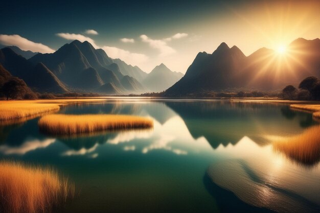 Foto schöne landschaft mit bergen und lagunen wasser mit sonnenlicht goldener sonnenuntergang ai generativ