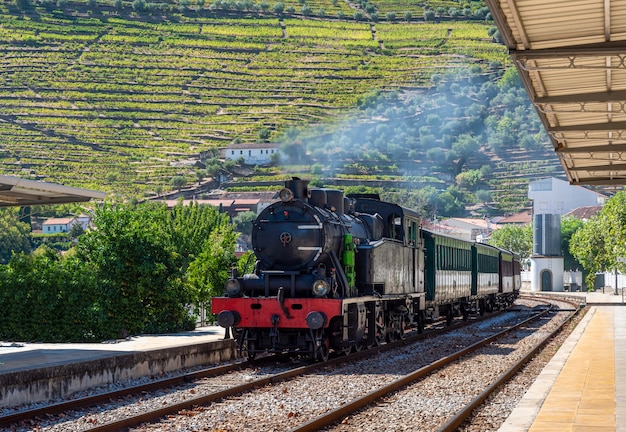 Schöne Landschaft mit einem dampfenden Zug auf dem Weg nach Pinhao in Portugal