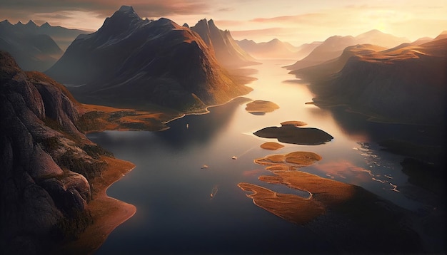 Schöne Landschaft mit hohen Bergen und Lagunenwasser mit goldenem Sonnenaufgang des Sonnenlichts