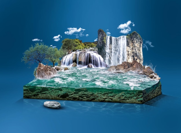 Schöne Landschaft mit isolierter Wasserfallszene. Wasserfall kreatives Design isoliert