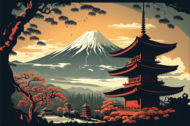 Schöne Landschaft mit Tempel und Fuji-Berg Japan Hergestellt von AIKünstliche Intelligenz