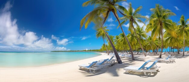 Schöne Landschaft Palmen mit Liegestühlen am tropischen Strand Hintergrund KI-generiertes Bild