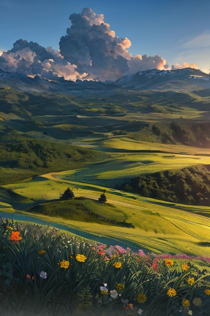 Foto schöne landschaft tapete hintergrund cartoon comic-stil outdoor berghaus gras blumen