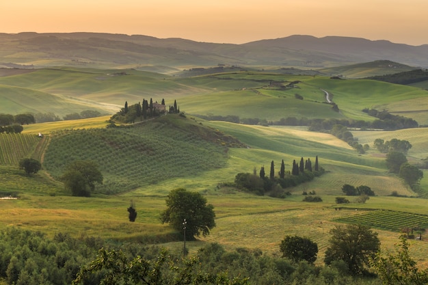 Schöne Landschaft Toskana Italien bei Sonnenaufgang Hügel und Wiese