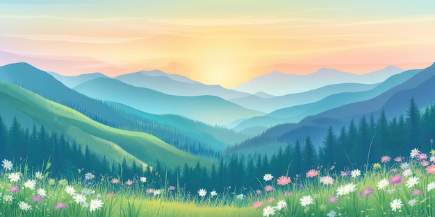 Schöne Landschaft von Bergen, Tälern und Blumen unter der Sonne