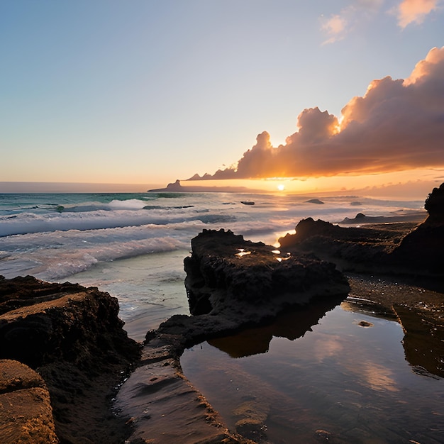 Schöne Landschaft von Felsformationen am Meer in Queens Bath Kauai Hawaii bei Sonnenuntergang