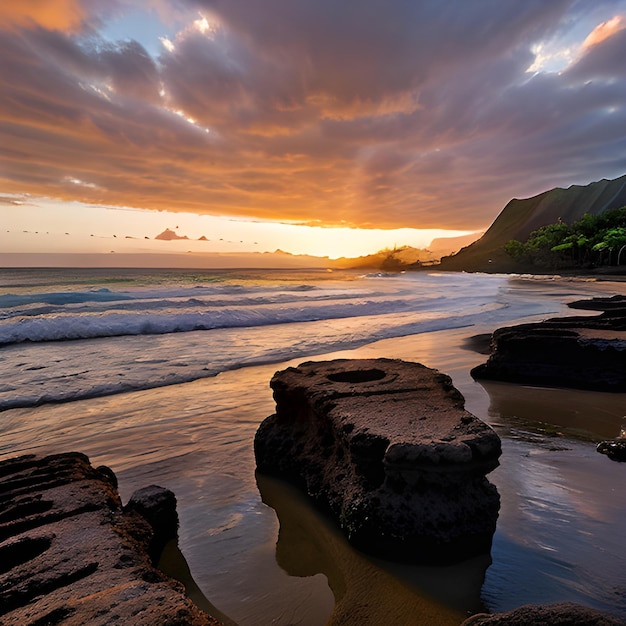 Schöne Landschaft von Felsformationen am Meer in Queens Bath Kauai Hawaii bei Sonnenuntergang
