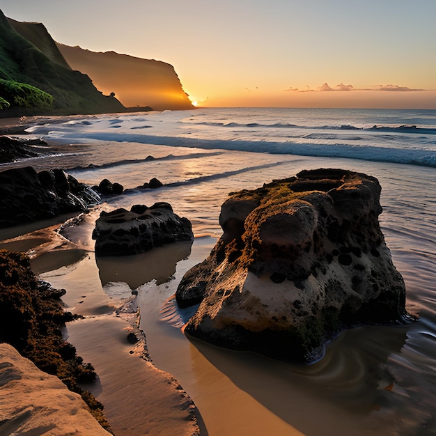 Schöne Landschaft von Felsformationen am Meer in Queens Bath Kauai Hawaii bei Sonnenuntergang