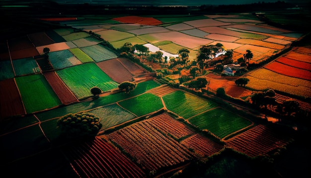 Schöne Landschaft von landwirtschaftlichen Feldern Anbau von Pflanzen Produktion von Lebensmitteln und Rohstoffen Draufsicht auf die Landschaft Ackerland und Landwirtschaft Pfefferplantage Lauch Generative KI