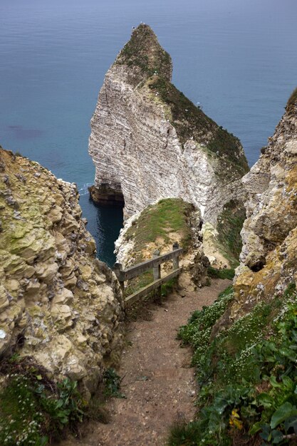 Schöne Landschaften auf der Klippe von Etretat an einem bewölkten Tag. Frankreich