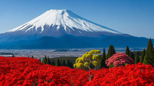 Schöne Landschaften mit Blick auf Mt.Fuji mit roten Blumen und Dorf am AussichtspunktTop View