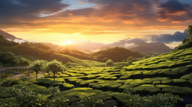Schöne Landschaftsansicht der Teeplantage bei Sonnenuntergang