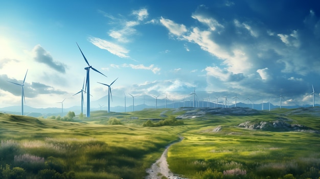 Schöne Landschaftsansicht mit Windturbine, sauberer Energie und dem Konzept der globalen Erwärmung