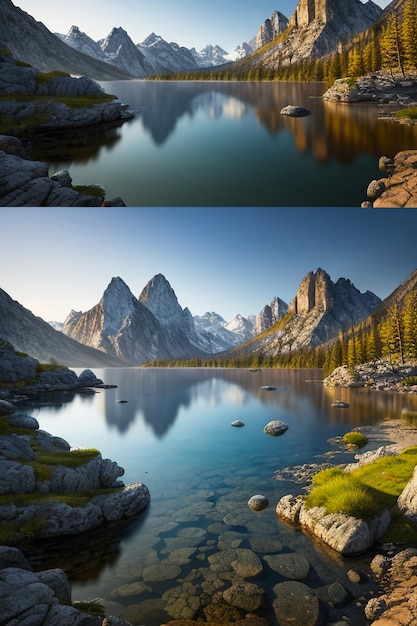 Schöne Landschaftsfotografie, Hintergrund, Gipfel, See, Schlucht, Himmel, weiße Wolken