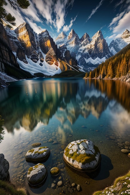 Schöne Landschaftsfotografie, Hintergrund, Gipfel, See, Schlucht, Himmel, weiße Wolken