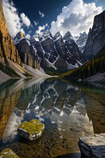 Schöne Landschaftsfotografie, Hintergrund, Gipfel, See, Schlucht, Himmel, weiße Wolken