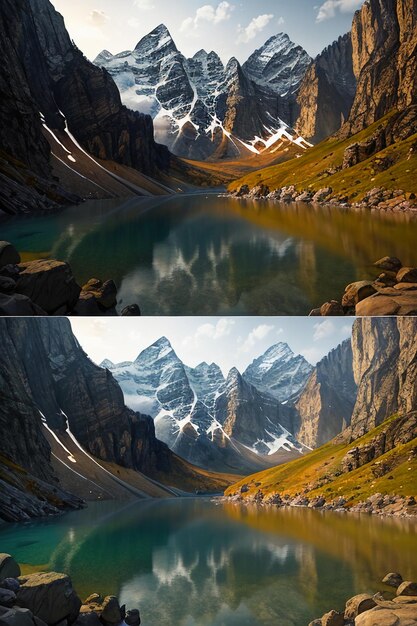 Schöne Landschaftsfotografie, Hintergrund, Gipfel, See, Schlucht, Himmel, weiße Wolken