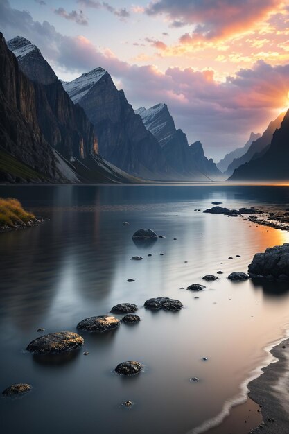 Schöne Landschaftsfotografie, Hintergrund, Gipfel, See, Schlucht, Himmel, weiße Wolken