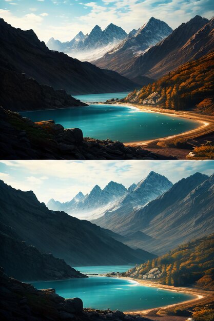 Schöne Landschaftsfotografie, Hintergrund, Gipfel, See, Schlucht, Himmel, weiße Wolken