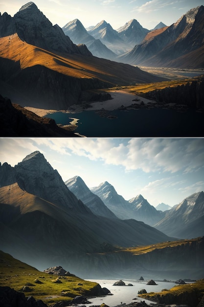 Schöne Landschaftsfotografie, Hintergrund, Gipfel, See, Schlucht, Himmel, weiße Wolken