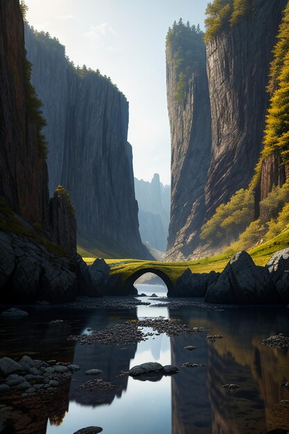 Schöne Landschaftsfotografie, Hintergrund, Gipfel, See, Schlucht, Himmel, weiße Wolken