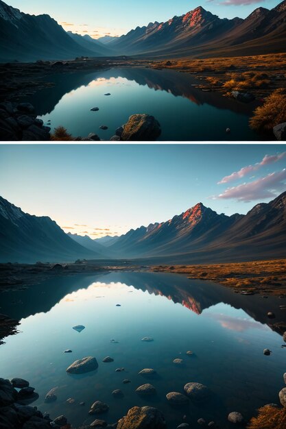 Schöne Landschaftsfotografie, Hintergrund, Gipfel, See, Schlucht, Himmel, weiße Wolken