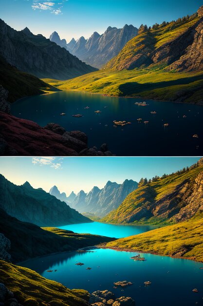 Schöne Landschaftsfotografie, Hintergrund, Gipfel, See, Schlucht, Himmel, weiße Wolken