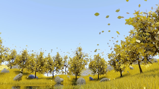 schöne Landschaftsseereflexion mit Wald in 3D-Rendering