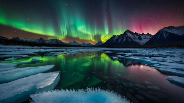 Schöne Landschaftsszene mit Aurora Borealis und Milchstraße über Bergen, die sich im Wasser spiegeln