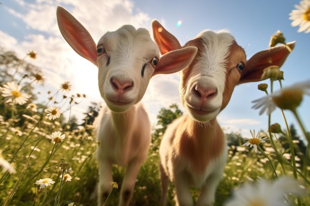 Schöne landwirtschaftliche Tiere Haushalte ländliches grünes Sonnengras Landschaft Ziegen