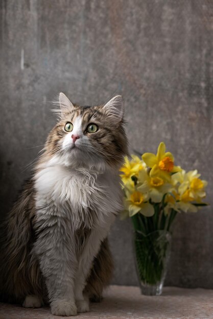 Schöne langhaarige Katze mit großen grünen Augen einer weißen Brust und einer rosa Nase sitzt auf einem Hintergrund von f