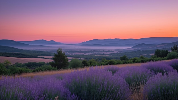 Schöne Lavendel-Hügellandschaft bei Sonnenaufgang mit nebligem orange-violettfarbenem Himmelhorizont.