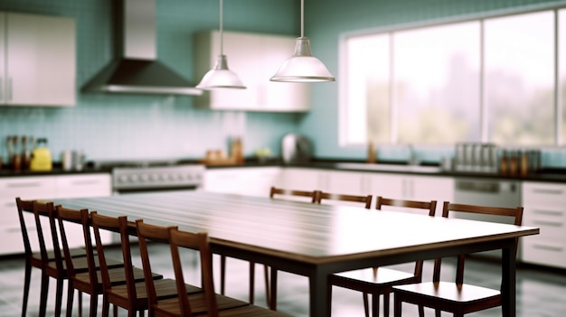 Schöne leere Holztischplatte und verschwommenes Bokeh moderner Kücheninterieur-Hintergrund Generative KI