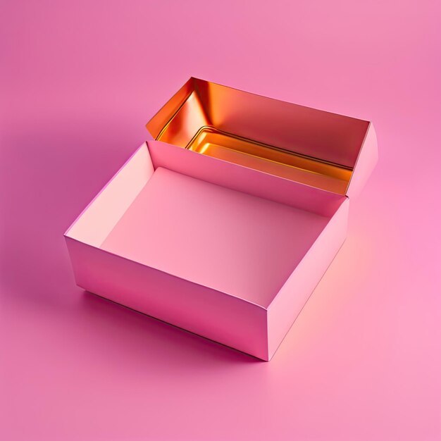 Schöne leere, offene, rosa Geschenkeschachtel, isoliert auf pastellfarbenem Hintergrund