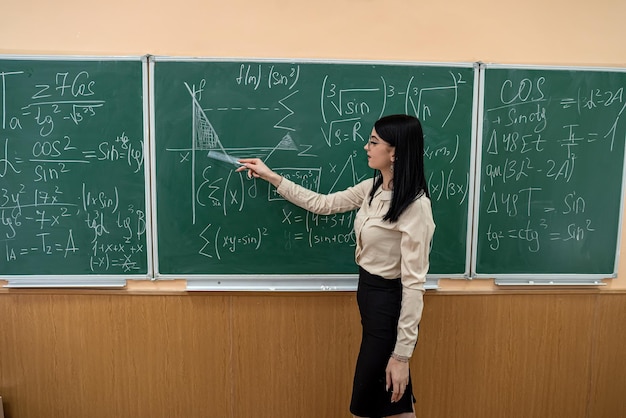 Schöne Lehrerin in der Nähe der Tafel lernt Mathematik im Klassenzimmer, Rückansicht