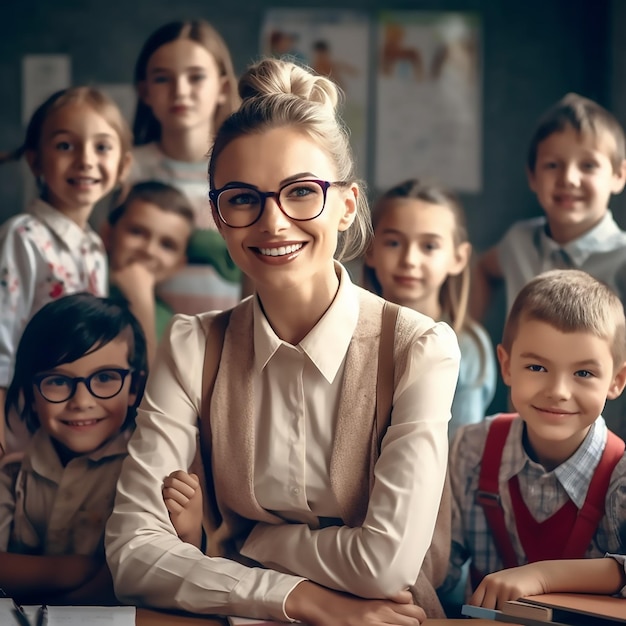 Schöne Lehrerin lächelt mit ihren Kindern vor dem Klassenzimmer der Grundschule in die Kamera