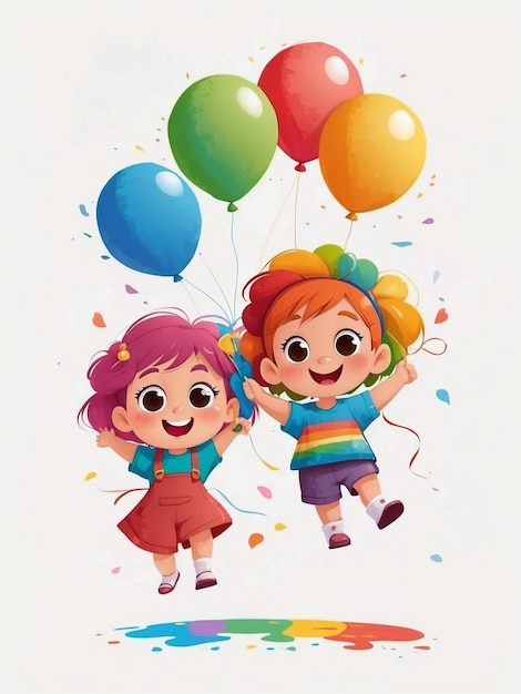 Schöne, leuchtende Junge und Mädchen mit Regenbogenhaaren halten Ballons im Cartoon-Stil auf weißem Hintergrund