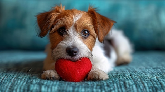 Schöne Liebhaber Valentinstag Welpen Hund liegt mit einem roten Herz isoliert auf blauem Hintergrund