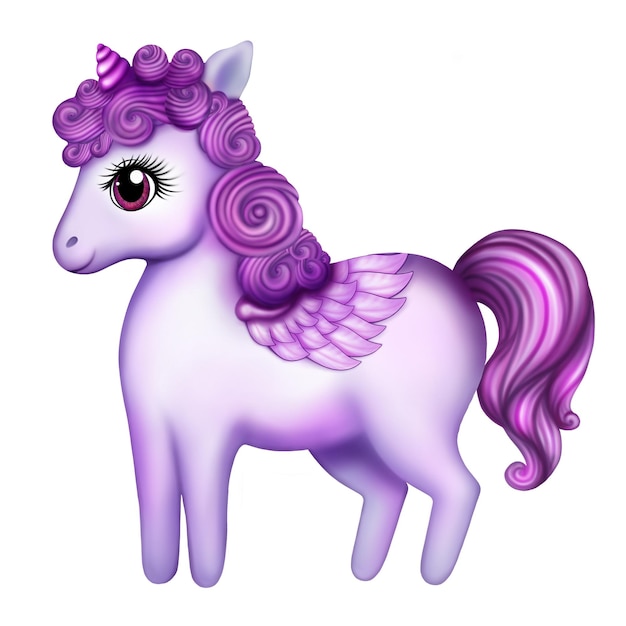 Schöne lila Einhorn Charakter Design magisches Pony mit lockigem Haar und großen Augen Pferd mit Flügeln