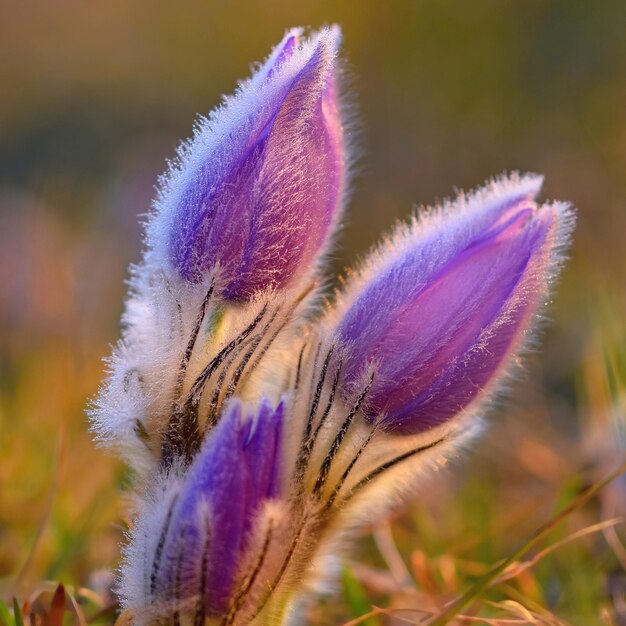 Schöne lila kleine pelzige Küchenschelle Pulsatilla grandis Frühling bei Sonnenuntergang Frühling