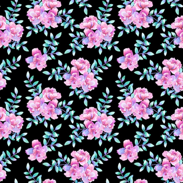 Schöne lila rosa Blumen und grüne lila Zweige. Nahtloses Blumenmuster. Hand gezeichnete Aquarellillustration. Textur für Druck, Stoff, Textil, Tapete.