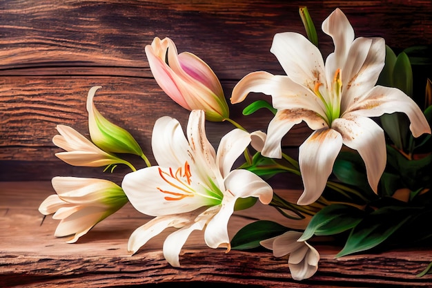 Schöne Lilien auf einem hölzernen Hintergrund Blumenstrauß Generative AI